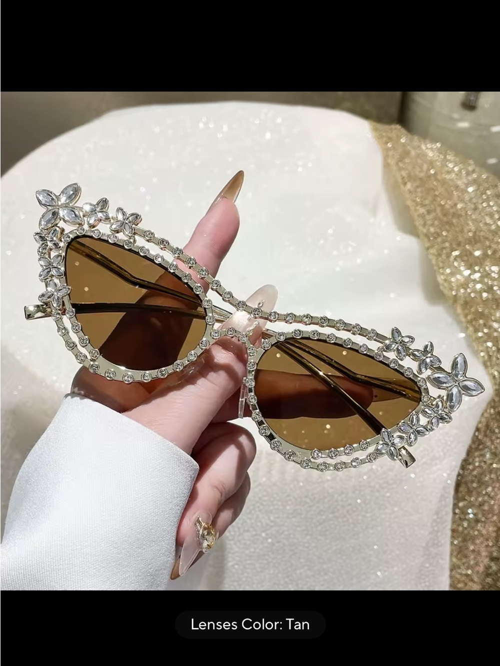 Crystal Floral Cat-Eye Sunglasses - Tan Lenses